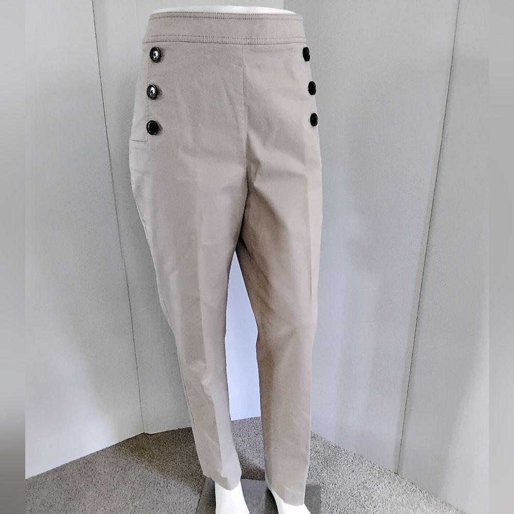 TOMMY HILFIGER Khaki Straight Leg Gold Zipper Button Front Sailor Pants Sz 12